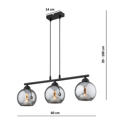 Brilagi - Lampa wisząca na lince DIOR 3xE27/60W/230V czarna/przydymiona szara