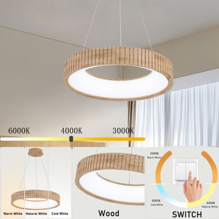 Brilagi - Żyrandol LED na lince FALCON WOOD MODERN LED/30W/230V 3000/4000/6000K Ø 45 cm drewno