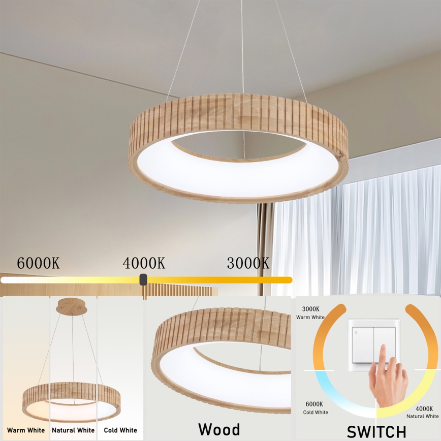 Brilagi - Żyrandol LED na lince FALCON WOOD MODERN LED/30W/230V 3000/4000/6000K Ø 45 cm drewno