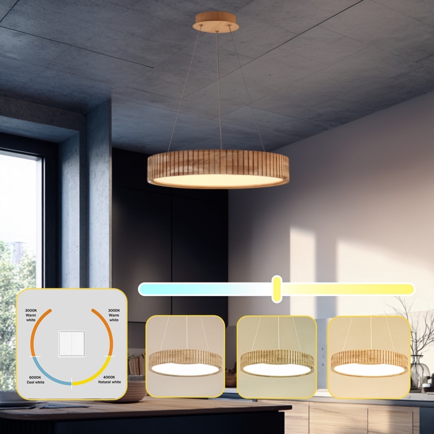 Brilagi - Żyrandol LED na lince FALCON WOOD MODERN LED/30W/230V 3000/4000/6000K Ø 45 cm drewno