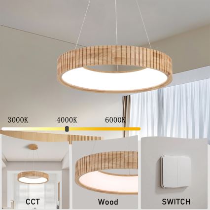 Brilagi - Żyrandol LED na lince FALCON WOOD MODERN LED/30W/230V 3000/4000/6000K Ø 45 cm drewno