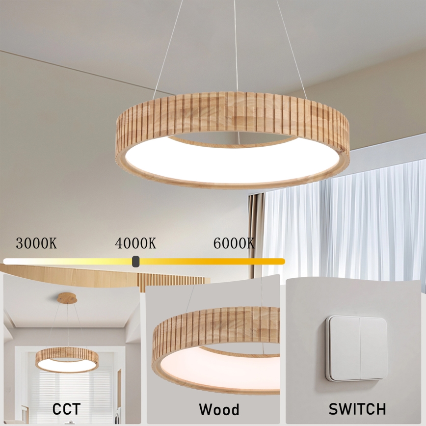 Brilagi - Żyrandol LED na lince FALCON WOOD MODERN LED/30W/230V 3000/4000/6000K Ø 45 cm drewno