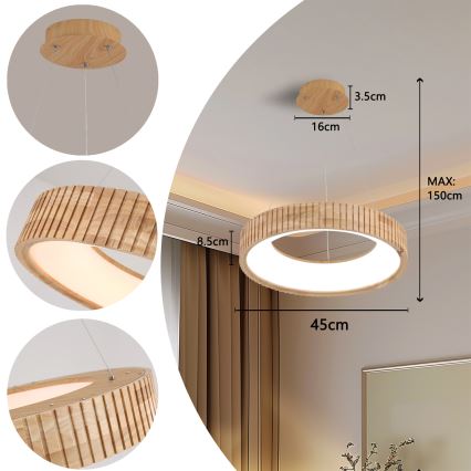 Brilagi - Żyrandol LED na lince FALCON WOOD MODERN LED/30W/230V 3000/4000/6000K Ø 45 cm drewno