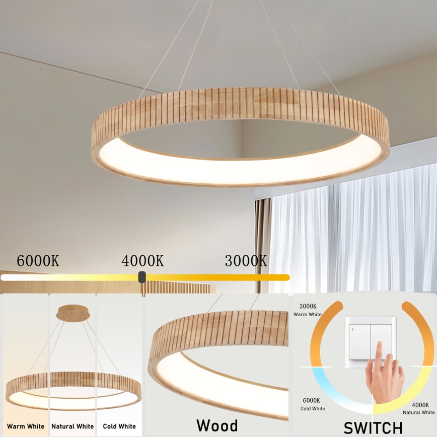 Brilagi - LED żyrandol na lince FALCON WOOD MODERN LED/60W/230V 3000/4000/6000K śr. 80 cm drewno