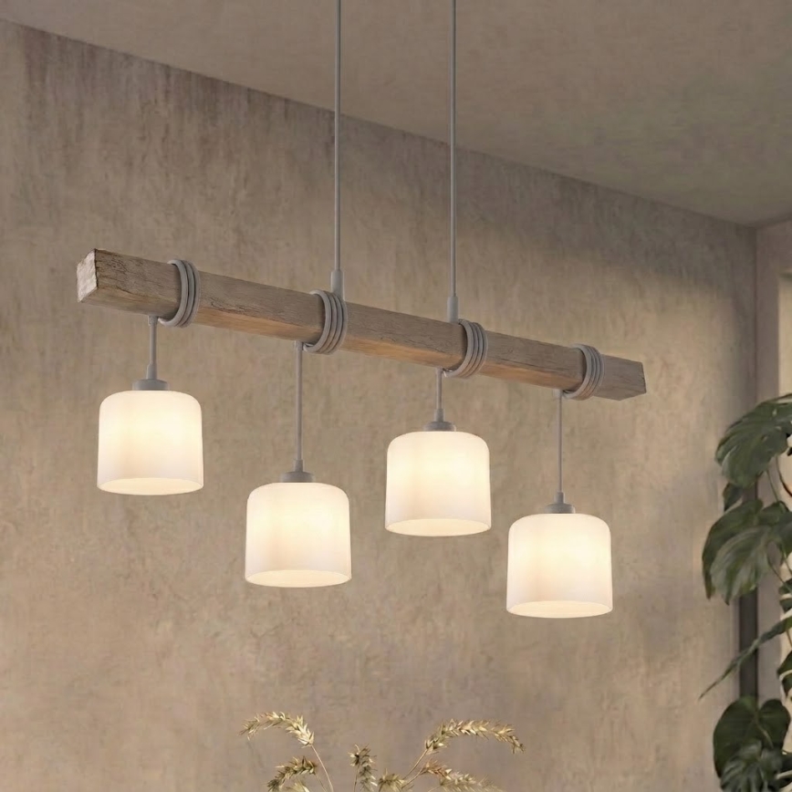 BRILAGI - Lampa wisząca na lince WOOD GLASS 4xE27/60W/230V sosna/szary/biały