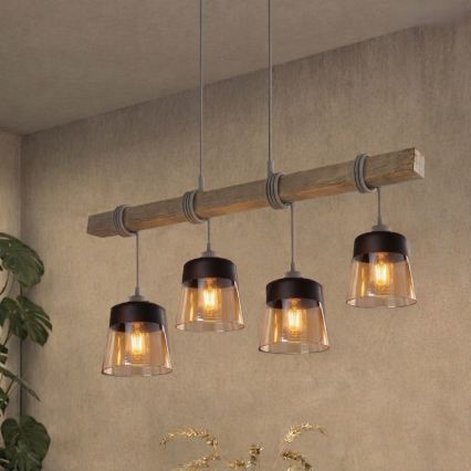 BRILAGI - Lampa wisząca na lince WOOD GLASS 4xE27/60W/230V sosna/szary/przydymiony brąz