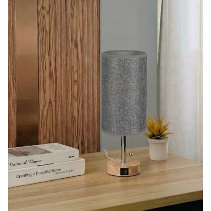 Brilagi - Lampka biurkowa z portem USB TABLON 1xE27/25W/230V dąb/beżowa/szara