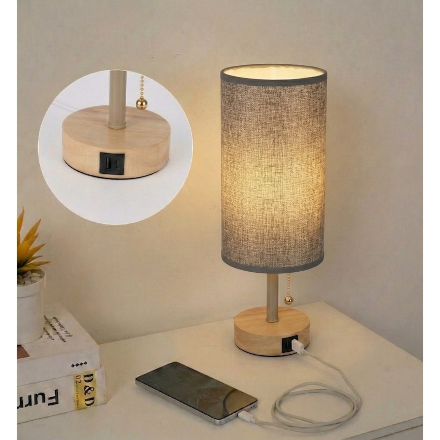 Brilagi - Lampka biurkowa z portem USB TABLON 1xE27/25W/230V dąb/beżowa/szara