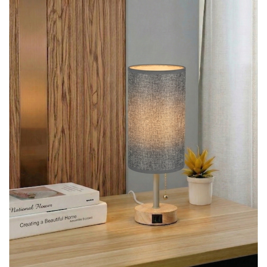 Brilagi - Lampka biurkowa z portem USB TABLON 1xE27/25W/230V dąb/beżowa/szara