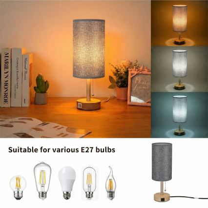 Brilagi - Lampka biurkowa z portem USB TABLON 1xE27/25W/230V dąb/beżowa/szara