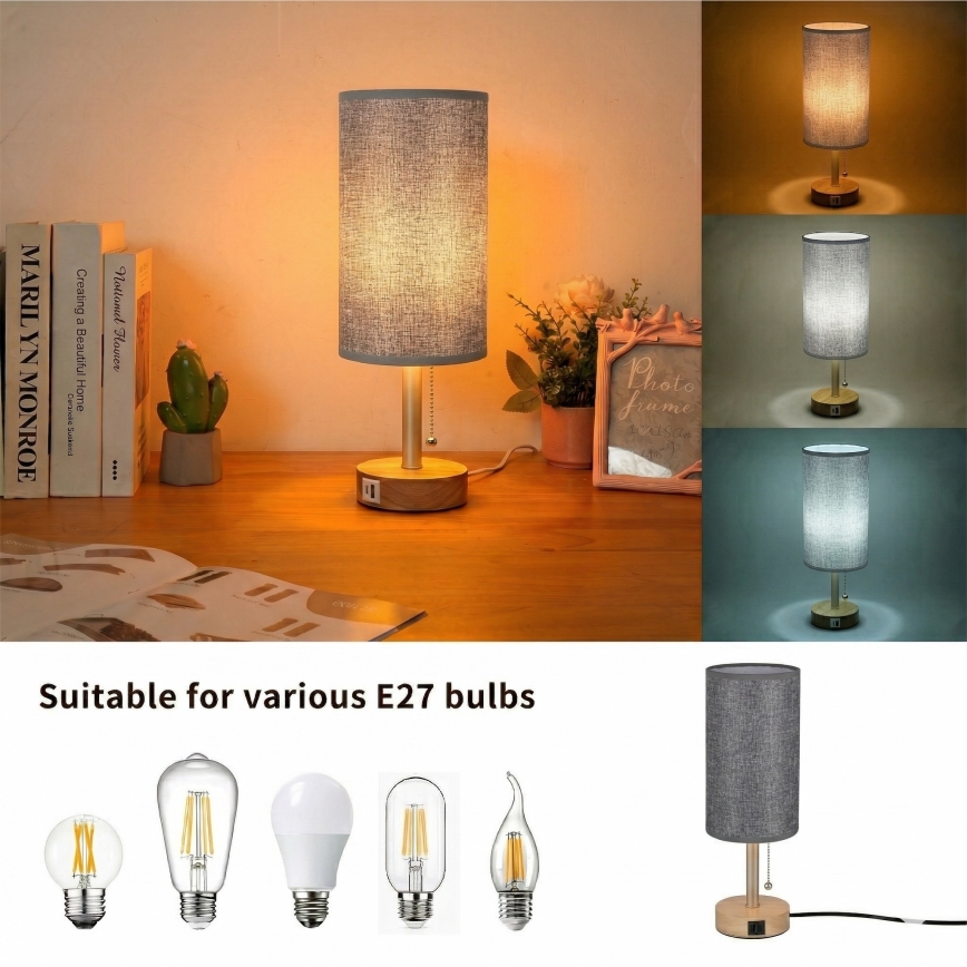 Brilagi - Lampka biurkowa z portem USB TABLON 1xE27/25W/230V dąb/beżowa/szara