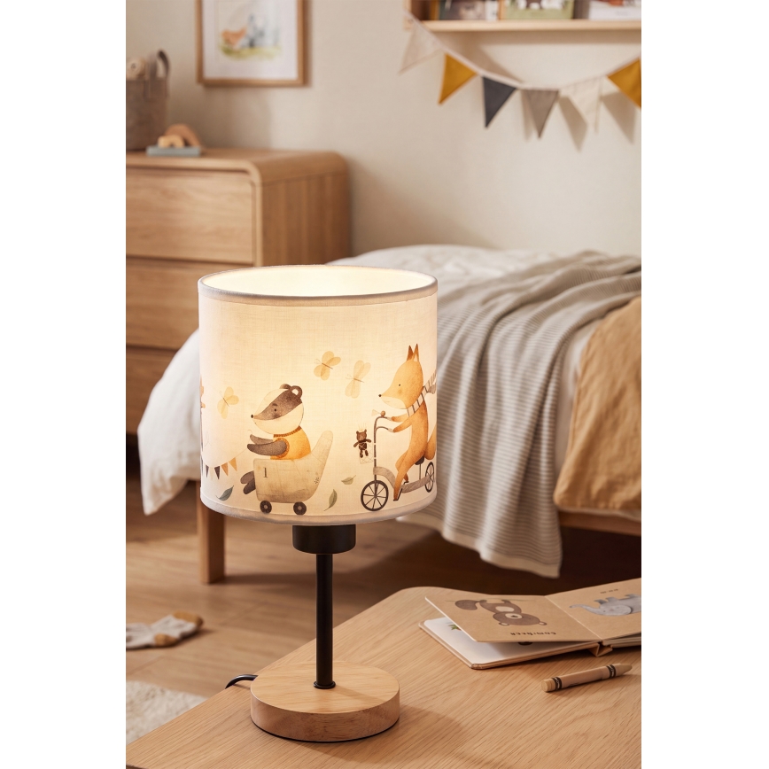 Brilagi - Lampka biurkowa dla dzieci BOBO WOOD 1xE27/25W/230V dąb/czarny/biały/zwierzątka