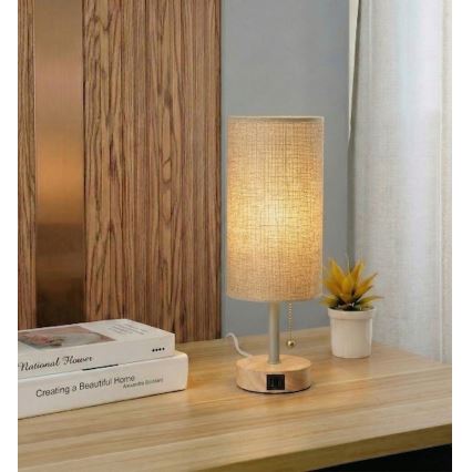 Brilagi - Lampka stołowa z portem USB TABLON 1xE27/25W/230V dąb/beżowy