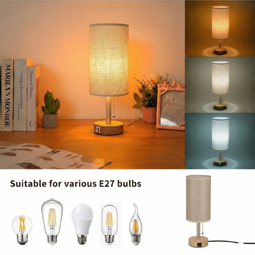 Brilagi - Lampka stołowa z portem USB TABLON 1xE27/25W/230V dąb/beżowy