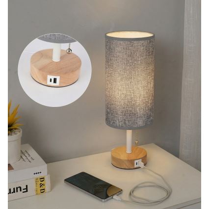 Brilagi - Lampka stołowa z portem USB TABLON 1xE27/25W/230V dąb/biały/szary