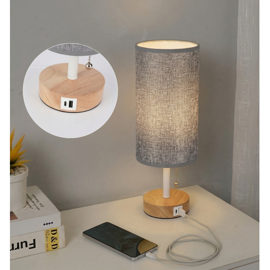 Brilagi - Lampka stołowa z portem USB TABLON 1xE27/25W/230V dąb/biały/szary