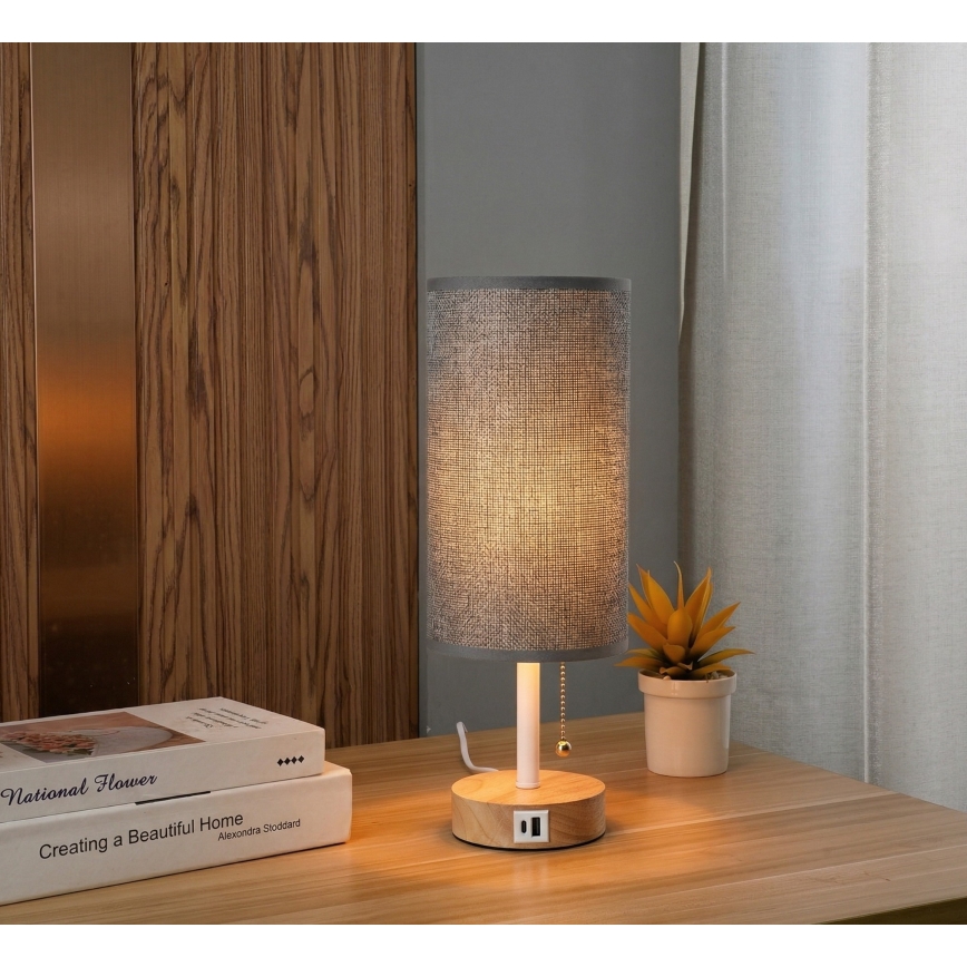 Brilagi - Lampka stołowa z portem USB TABLON 1xE27/25W/230V dąb/biały/szary