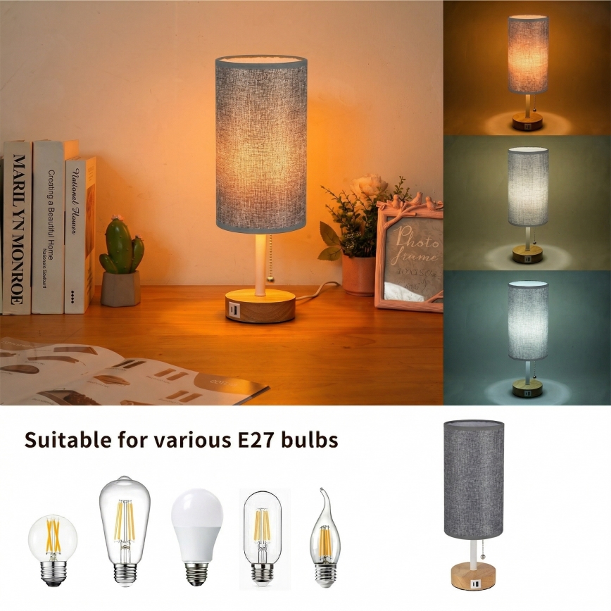 Brilagi - Lampka stołowa z portem USB TABLON 1xE27/25W/230V dąb/biały/szary