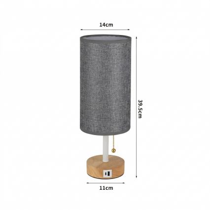 Brilagi - Lampka stołowa z portem USB TABLON 1xE27/25W/230V dąb/biały/szary