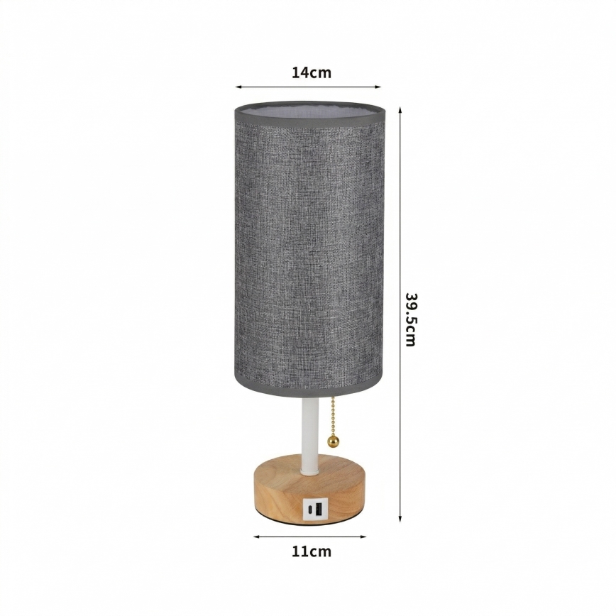 Brilagi - Lampka stołowa z portem USB TABLON 1xE27/25W/230V dąb/biały/szary
