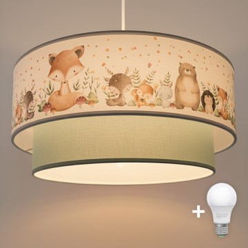 Brilagi - LED dziecięcy żyrandol na lince BOBO 1xE27/60W/230V śr. 40 cm biały/zielony/zwierzątka