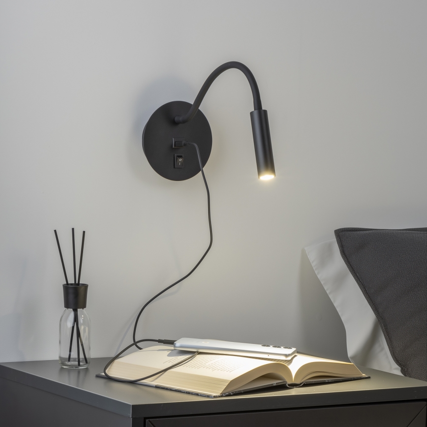 Brilagi - LED Elastyczna lampa naścienna z portem USB MAYA LED/3W/230V 4000K czarna