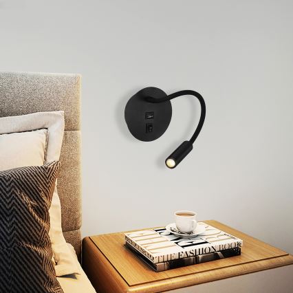Brilagi - LED Elastyczna lampa naścienna z portem USB MAYA LED/3W/230V 4000K czarna