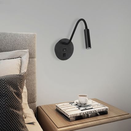 Brilagi - LED Elastyczna lampa naścienna z portem USB MAYA LED/3W/230V 4000K czarna