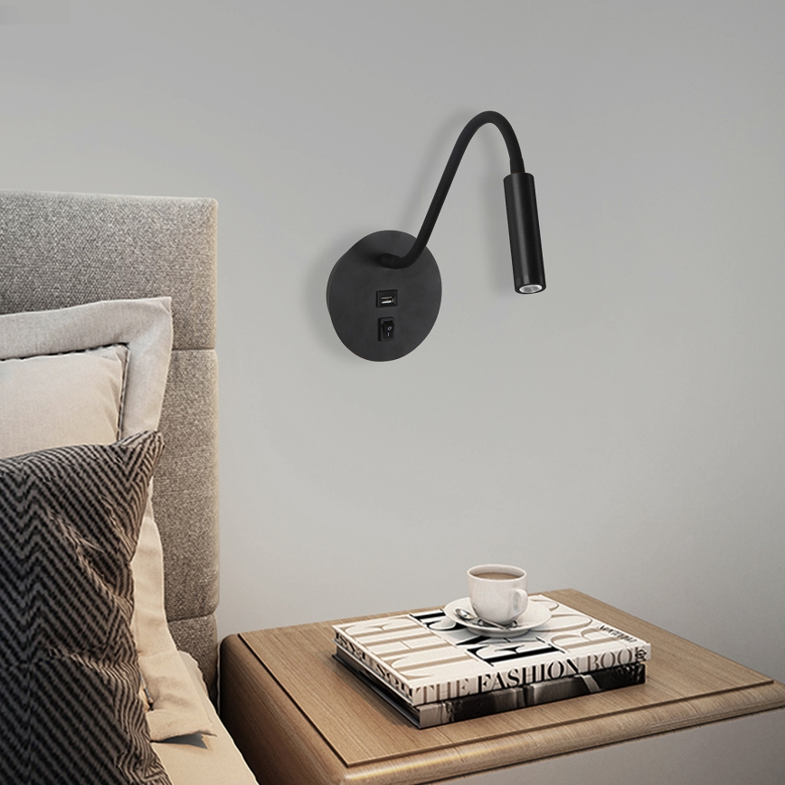 Brilagi - LED Elastyczna lampa naścienna z portem USB MAYA LED/3W/230V 4000K czarna