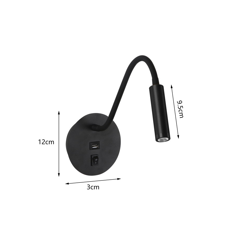 Brilagi - LED Elastyczna lampa naścienna z portem USB MAYA LED/3W/230V 4000K czarna