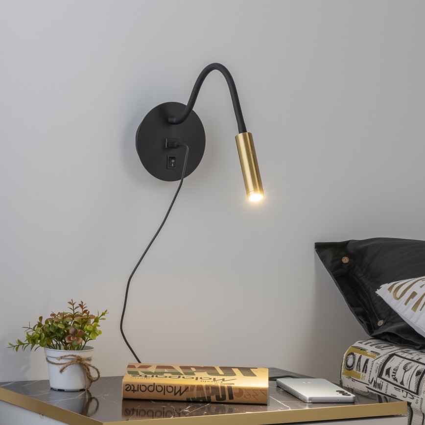 Brilagi -LED Elastyczna lampa naścienna z portem USB MAYA LED/3W/230V czarna/złota