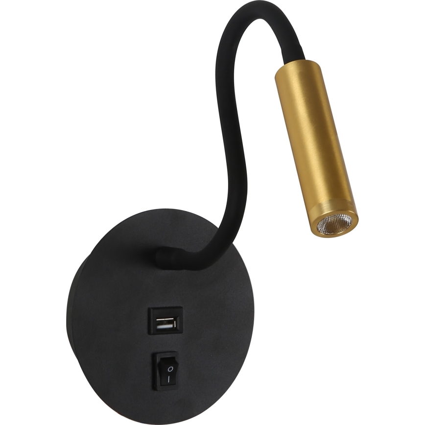 Brilagi -LED Elastyczna lampa naścienna z portem USB MAYA LED/3W/230V czarna/złota
