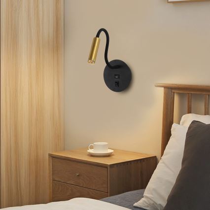 Brilagi -LED Elastyczna lampa naścienna z portem USB MAYA LED/3W/230V czarna/złota