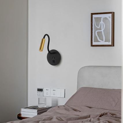 Brilagi -LED Elastyczna lampa naścienna z portem USB MAYA LED/3W/230V czarna/złota