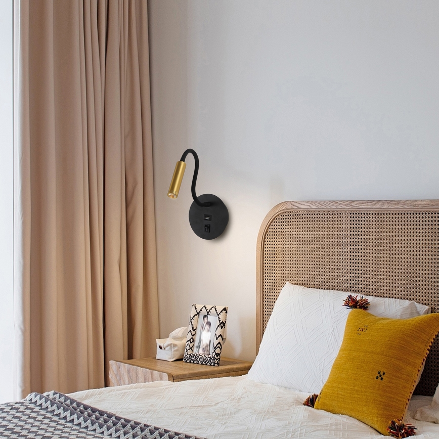 Brilagi -LED Elastyczna lampa naścienna z portem USB MAYA LED/3W/230V czarna/złota