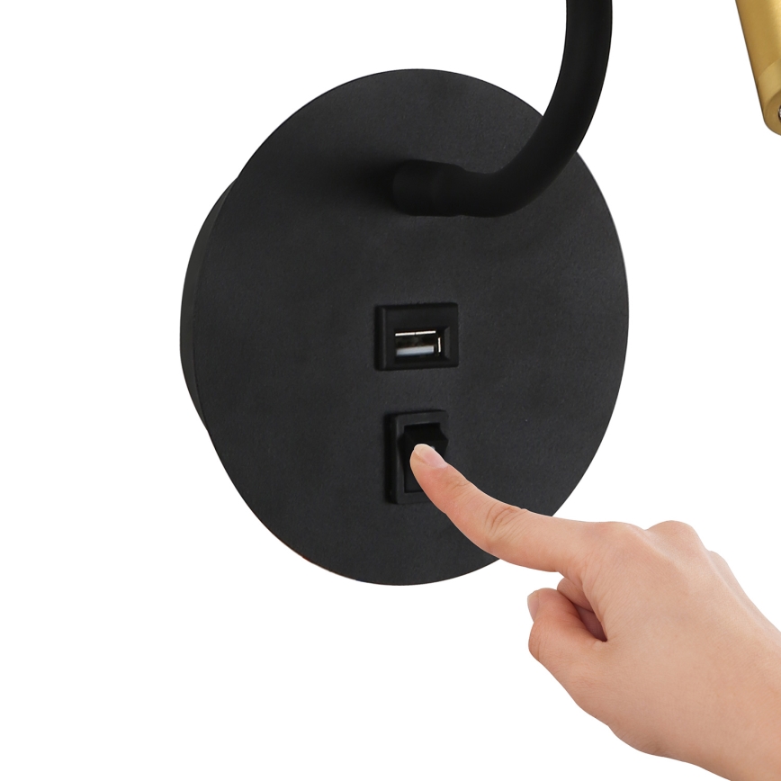 Brilagi -LED Elastyczna lampa naścienna z portem USB MAYA LED/3W/230V czarna/złota
