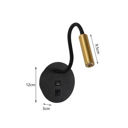 Brilagi -LED Elastyczna lampa naścienna z portem USB MAYA LED/3W/230V czarna/złota