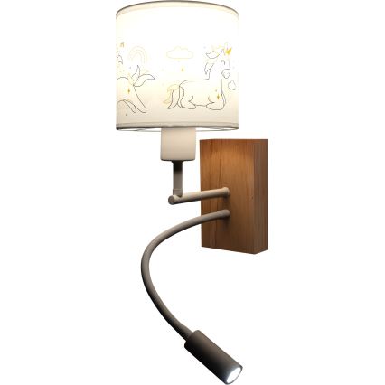 Brilagi - Lampka dziecięca LED BOBO WOOD, giętka lampa ścienna, 1xE27/25W/230V + LED/3W, dąb/biały/jednorożce
