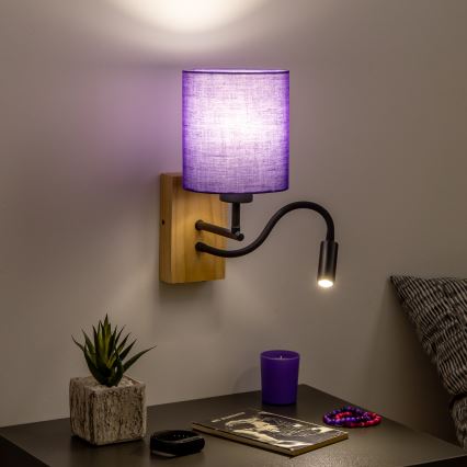 Brilagi - LED Elastyczny kinkiet NUBILA WOOD 1xE27/25W/230V + LED/3W dąb/fioletowy