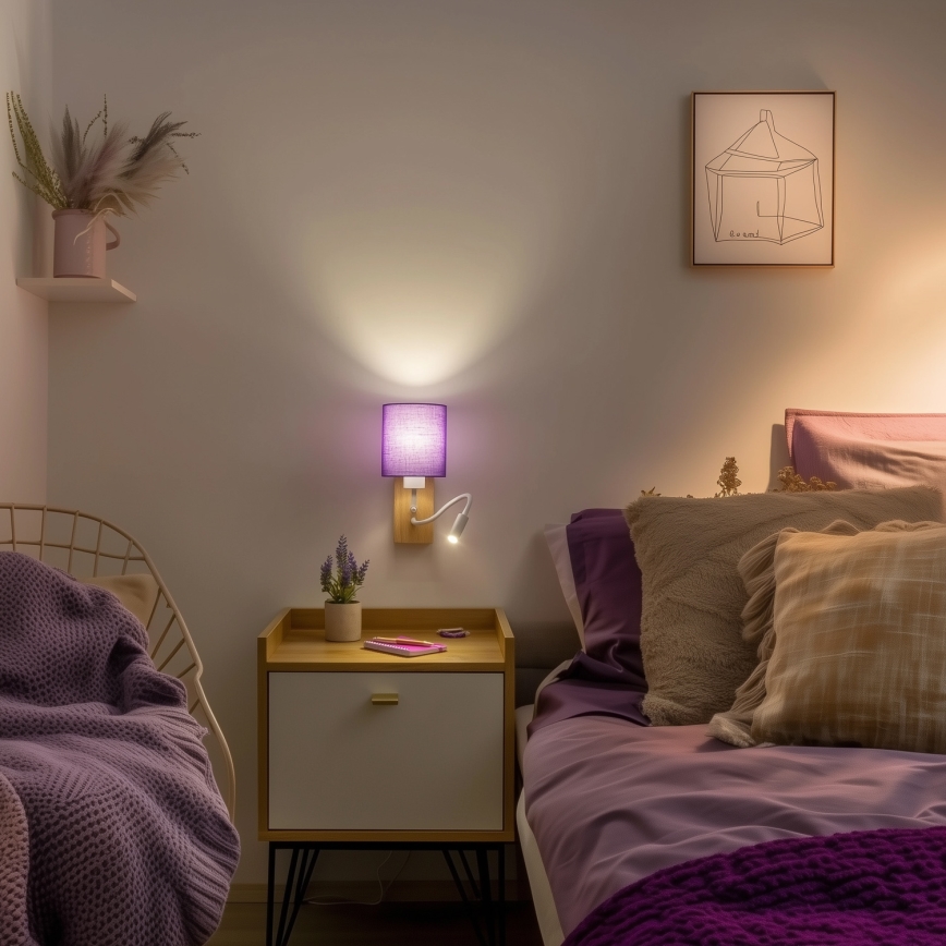 Brilagi - LED Elastyczny kinkiet NUBILA WOOD 1xE27/25W/230V + LED/3W dąb/fioletowy