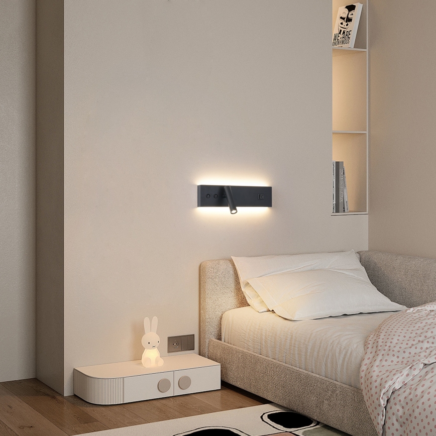 Brilagi - Kinkiet punktowy LED z portem USB NOCTIS, LED 3W/230V + LED 9W, czarny