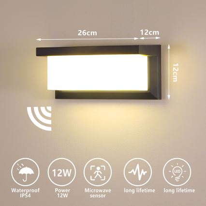 Brilagi - LED Kinkiet zewnętrzny z czujnikiem BRICKY LED/12W/230V antracyt IP54