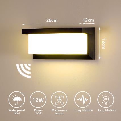 Brilagi - LED Kinkiet zewnętrzny z czujnikiem BRICKY LED/12W/230V czarny IP54