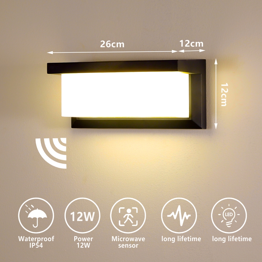 Brilagi - LED Kinkiet zewnętrzny z czujnikiem BRICKY LED/12W/230V czarny IP54