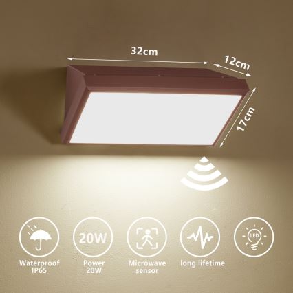 Brilagi - LED zewnętrzny kinkiet z czujnikiem TRIANGLE LED/20W/230V brązowy IP65