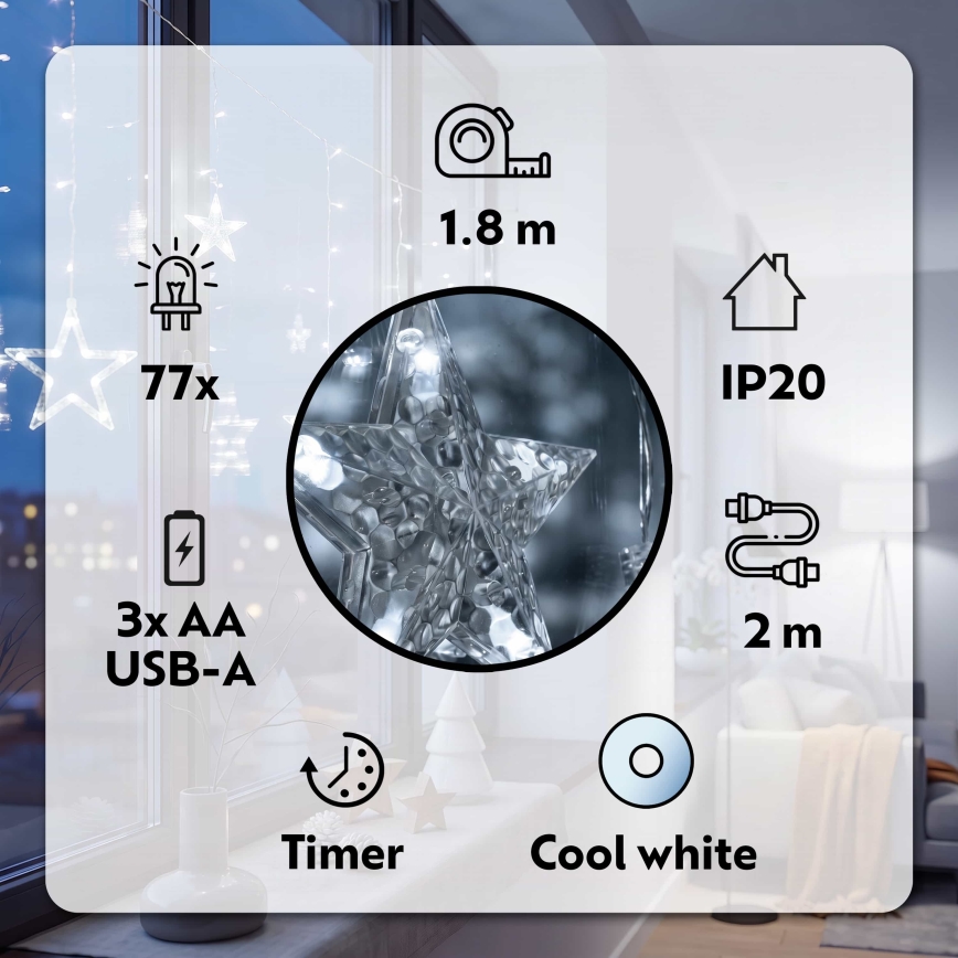 BRILAGI - LED Kurtyna bożonarodzeniowa 77xLED/3xAA/USB 1,8m chłodna biel