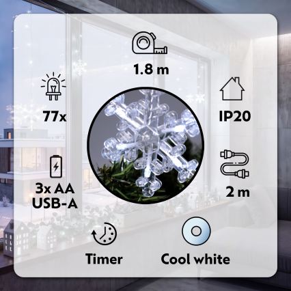 BRILAGI - LED kurtyna świąteczna 77xLED/3xAA/USB 3,8m płatki śniegu zimna biała