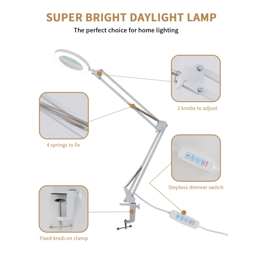 Brilagi - Regulowana lampa stołowa LED z lupą LENS LED/12W/5V 3000/4200/6000K biała