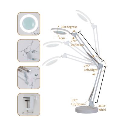Brilagi - Regulowana lampa stołowa LED z lupą LENS LED/12W/5V 3000/4200/6000K biała