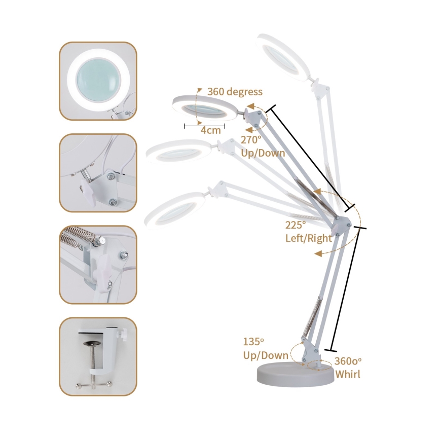 Brilagi - Regulowana lampa stołowa LED z lupą LENS LED/12W/5V 3000/4200/6000K biała
